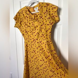 Unique Vintage Mustard Yellow and Red Floral Print Amelia Swing Dress